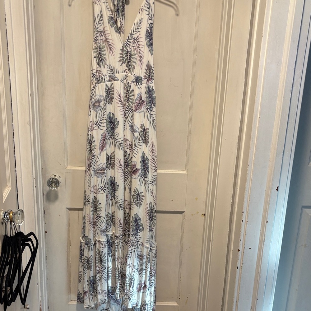 Rokoko White and Purple Leaf Print Halter Top Maxi Tiered Dress Large